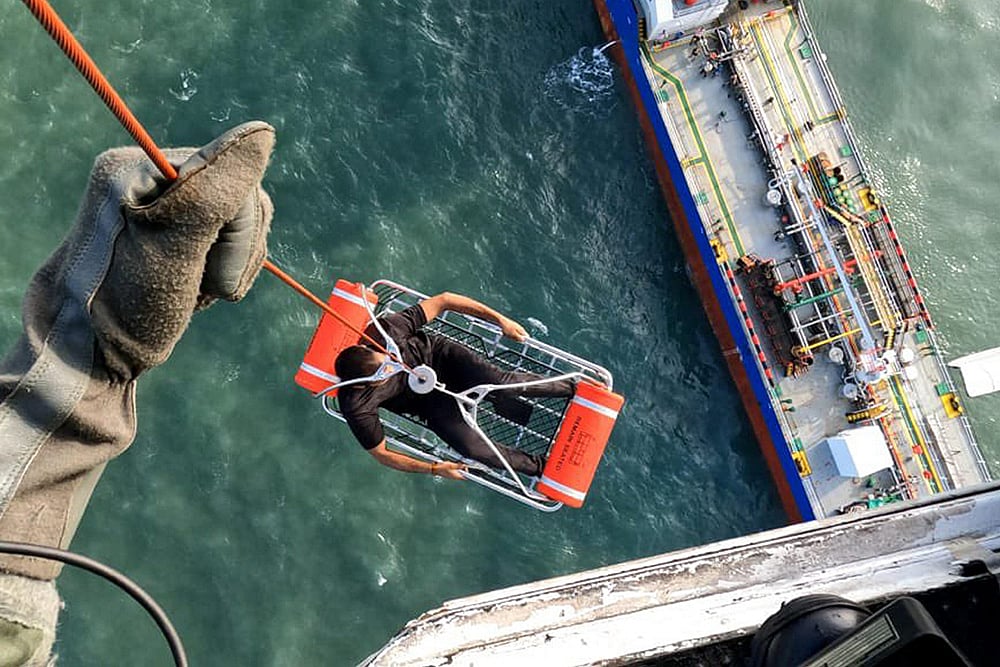 | Photo: PTI : Coast Guard evacuates ill crew member of Gabon ship